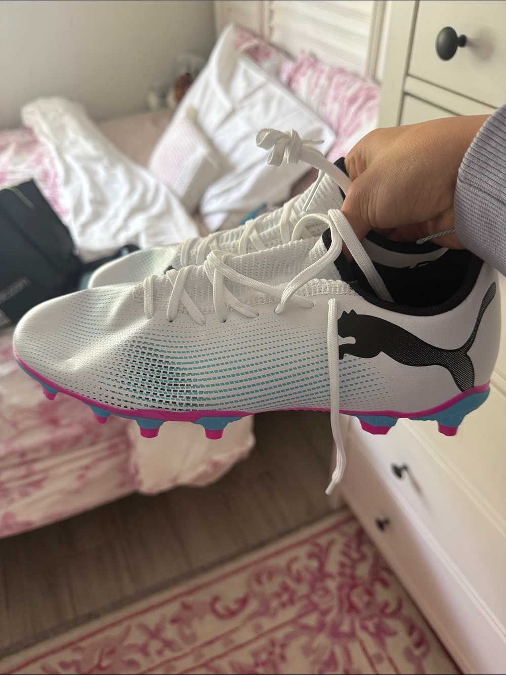 Puma White Black Pink Blue Woman's Soccer Cleats